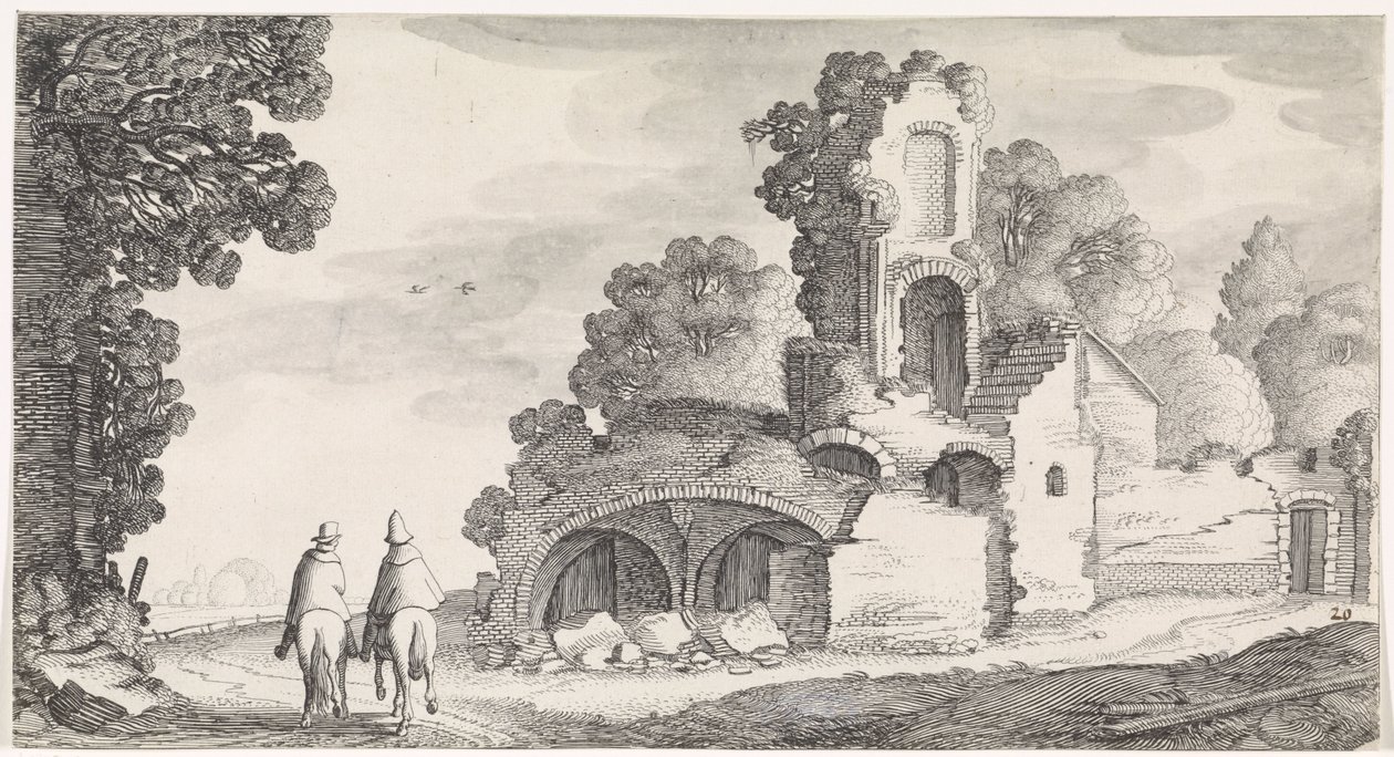 Paisaje con ruina y dos jinetes. Playsante paisajes y caras divertidas (título de la serie) de Jan van de Velde (II)