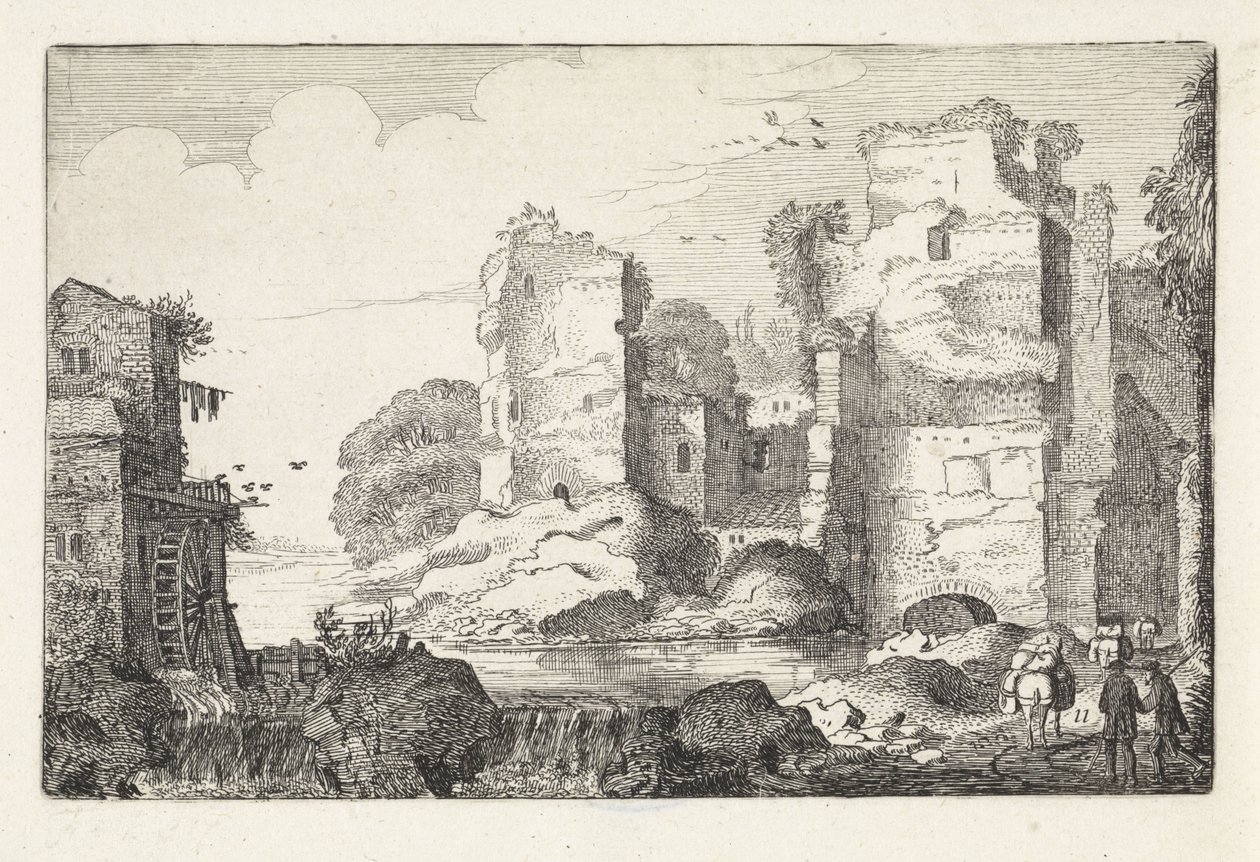 Paisaje con ruinas y un molino de agua Paisajes (título de la serie) Amenissimae aliquot requculae (título de la serie) de Jan van de Velde (II)