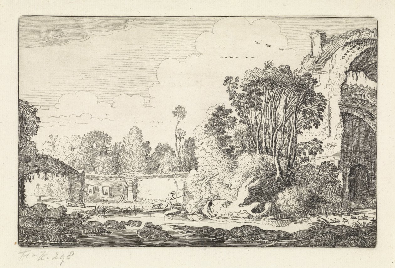 Hombre con un perro en una ruina Paisajes (título de la serie) Amenissimae aliquot requculae (título de la serie) de Jan van de Velde (II)