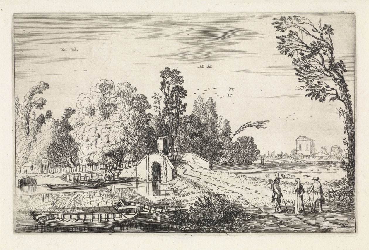 Paisaje de río con un puente de piedra. Paisajes (título de la serie) Amenissimae aliquot requculae (título de la serie) de Jan van de Velde (II)