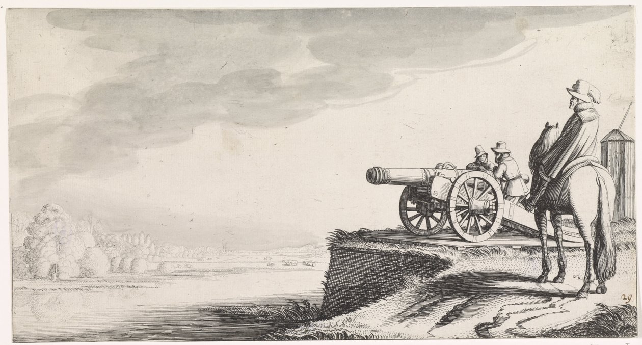 Jinete y dos soldados por un cañón en la orilla del río Playsante paisajes y caras divertidas (título de la serie) de Jan van de Velde (II)
