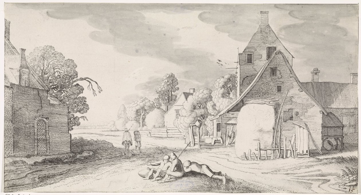 Granjeros que descansan a lo largo de un camino en un pueblo Playsante paisajes y caras divertidas (título de la serie) de Jan van de Velde (II)