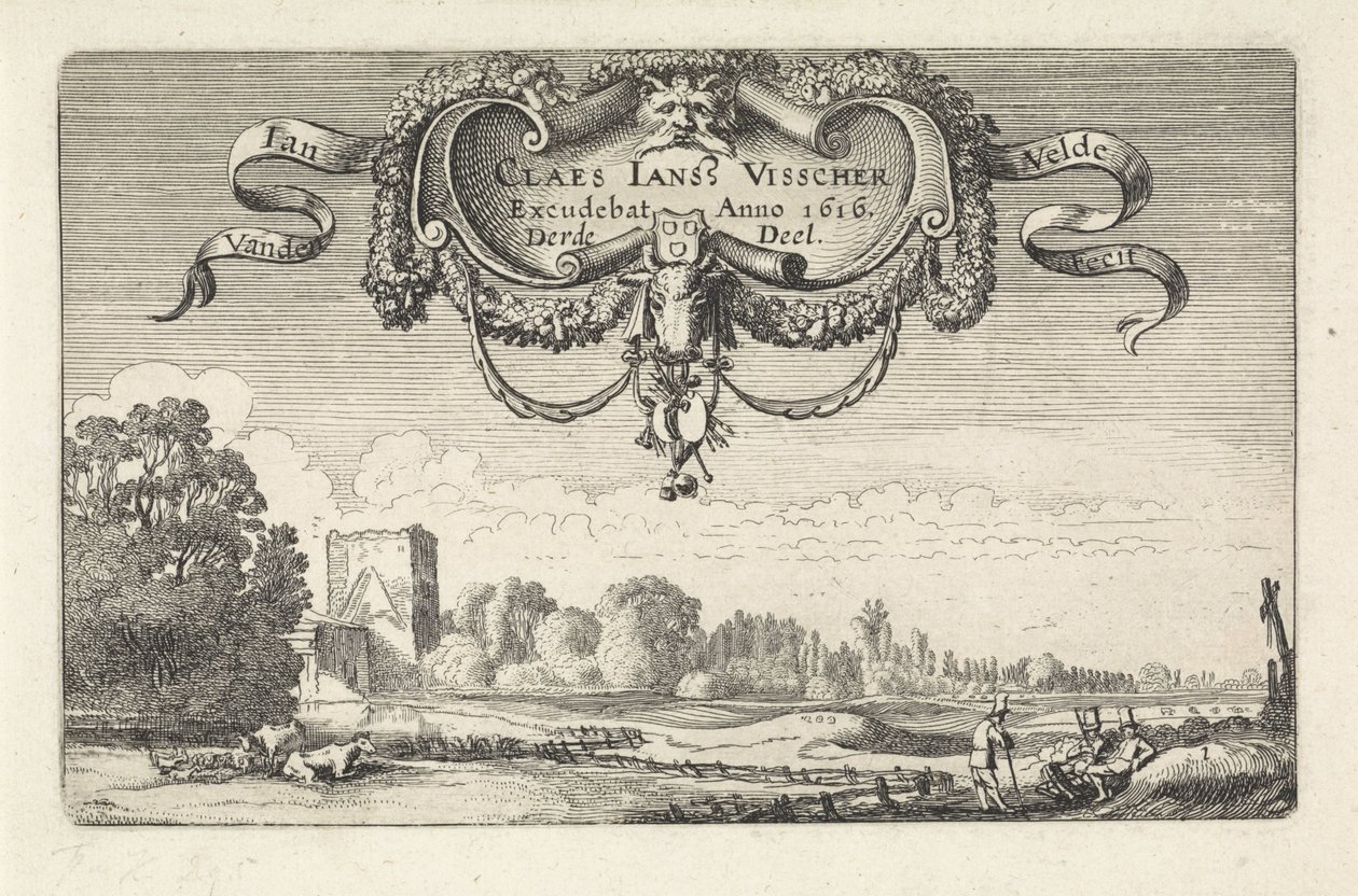 Figuras en reposo en un paisaje con vacas y una torre. Paisajes (título de la serie) Amenissimae aliquot requculae (título de la serie) de Jan van de Velde (II)