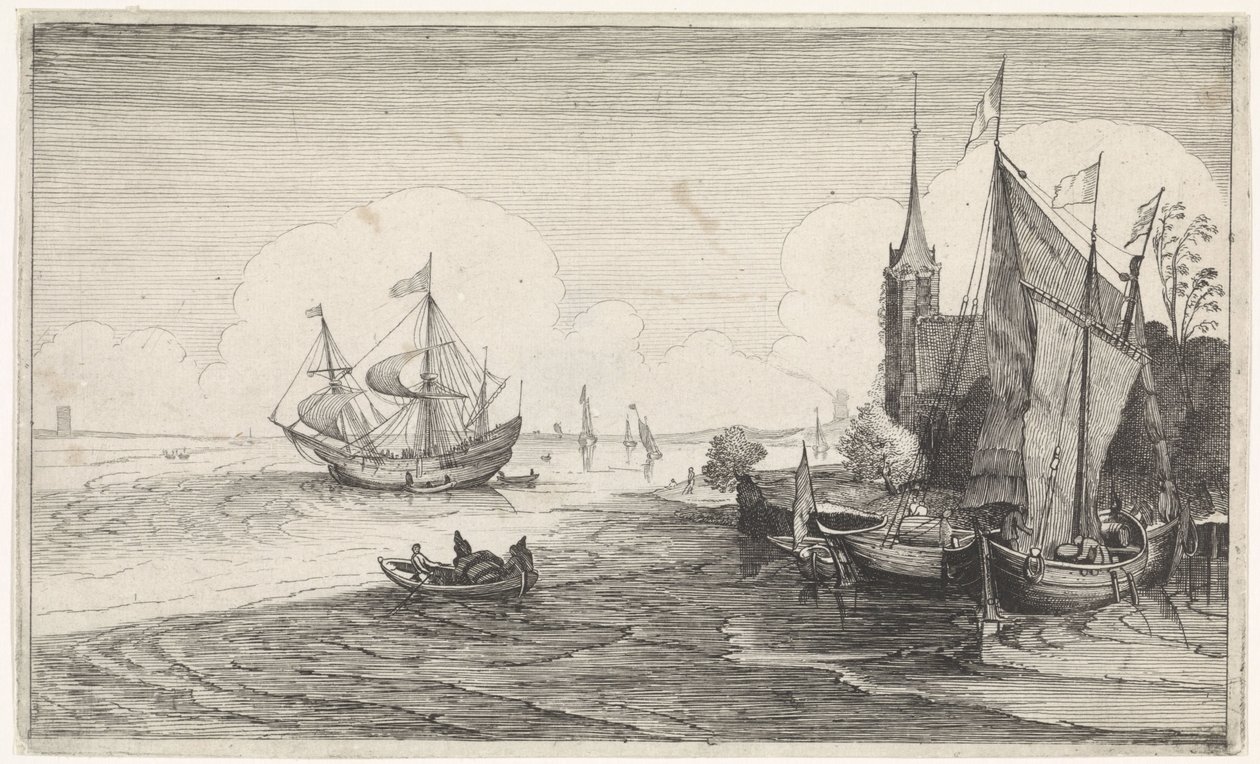Barcos y costa cerca de una iglesia
Paisajes marinos (título de la serie) de Jan van de Velde (II)