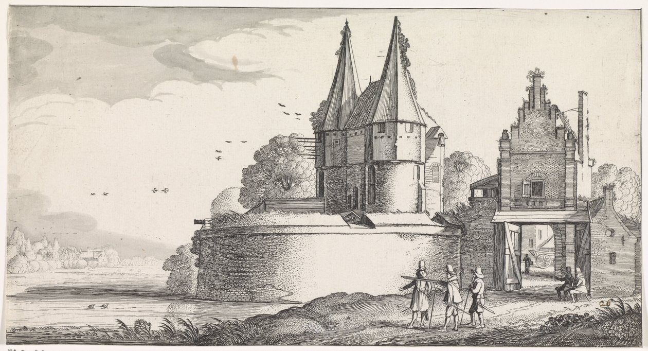 Soldados en una fortaleza y puerta de la ciudad junto a un río. Playsante paisajes y caras divertidas (título de la serie) de Jan van de Velde (II)