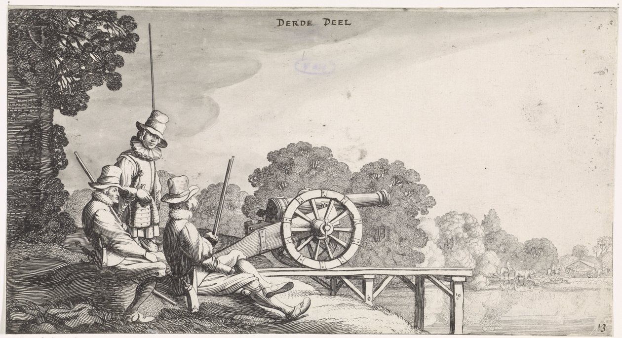 Soldados por un cañón en un embarcadero del río Playsante paisajes y caras divertidas (título de la serie) de Jan van de Velde (II)