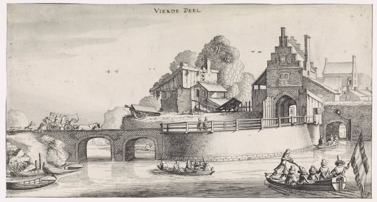 Puerta de la ciudad con puente sobre el agua Playsante paisajes y caras divertidas (título de la serie) de Jan van de Velde (II)