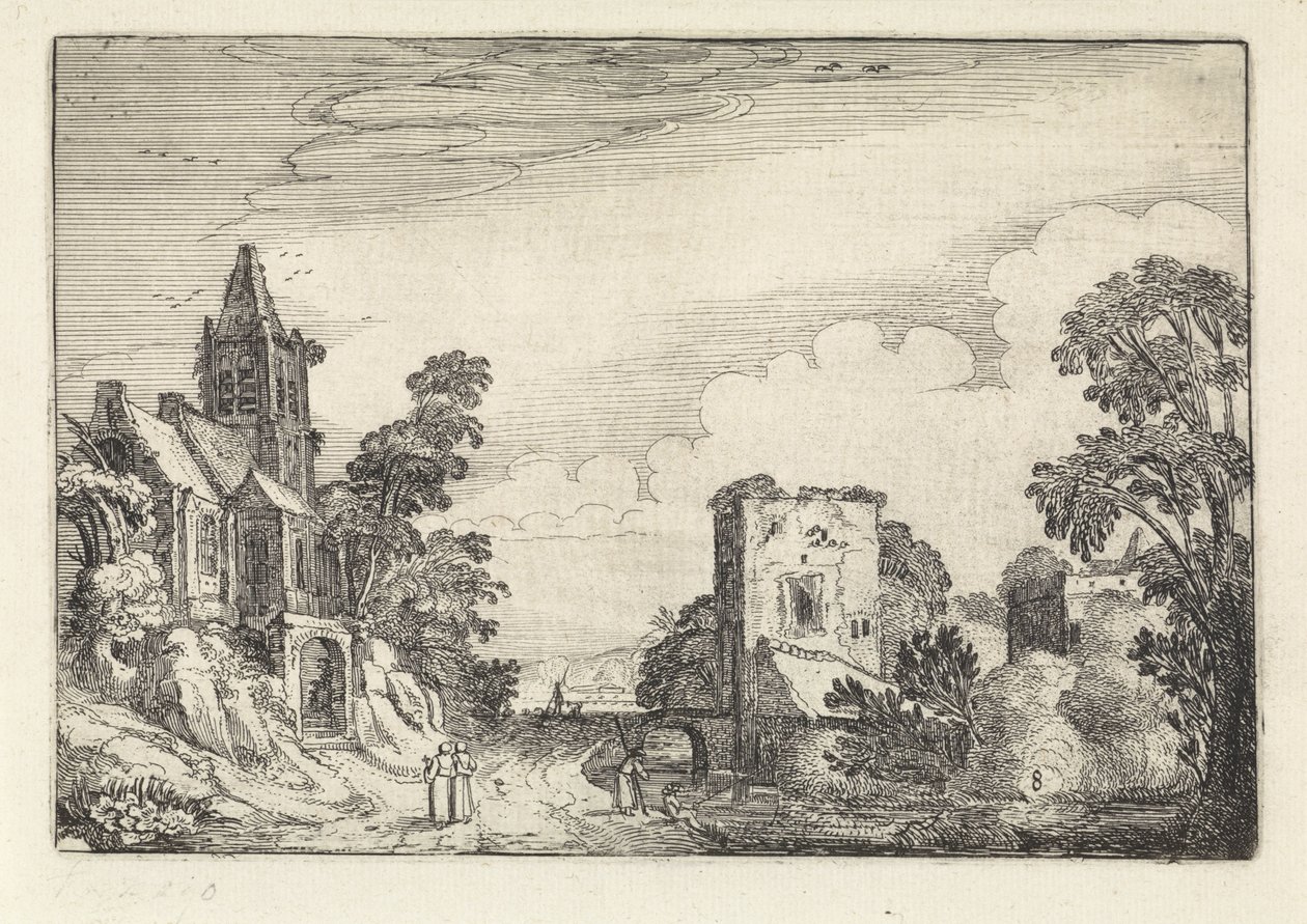 Torre y una iglesia en un paisaje Amenissimae aliquot requculae (título de la serie) Paisajes (título de la serie) de Jan van de Velde (II)