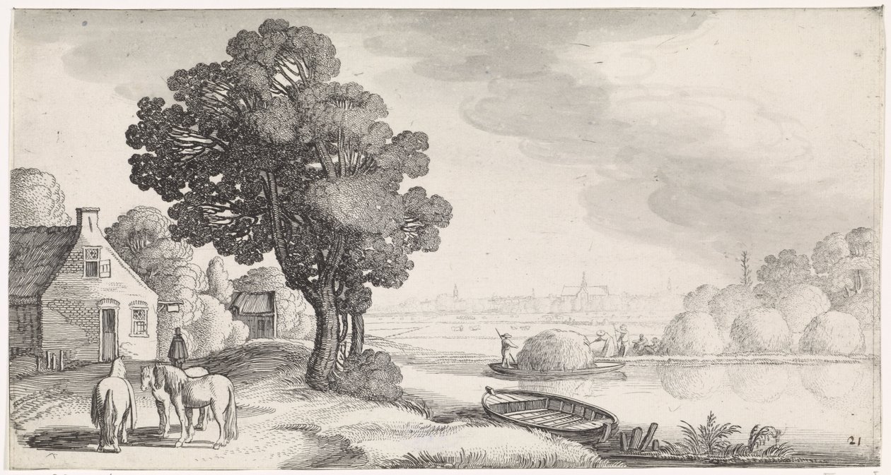 Transporte de heno en un río con Haarlem en la distancia Playsante paisajes y caras divertidas (título de la serie) de Jan van de Velde (II)