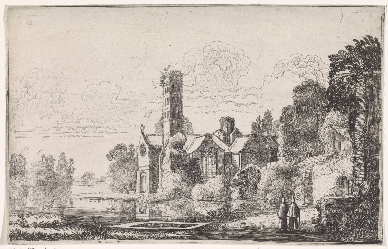Dos monjes en una abadía en un paisaje fluvial Paisajes fluviales (título de la serie) de Jan van de Velde (II)