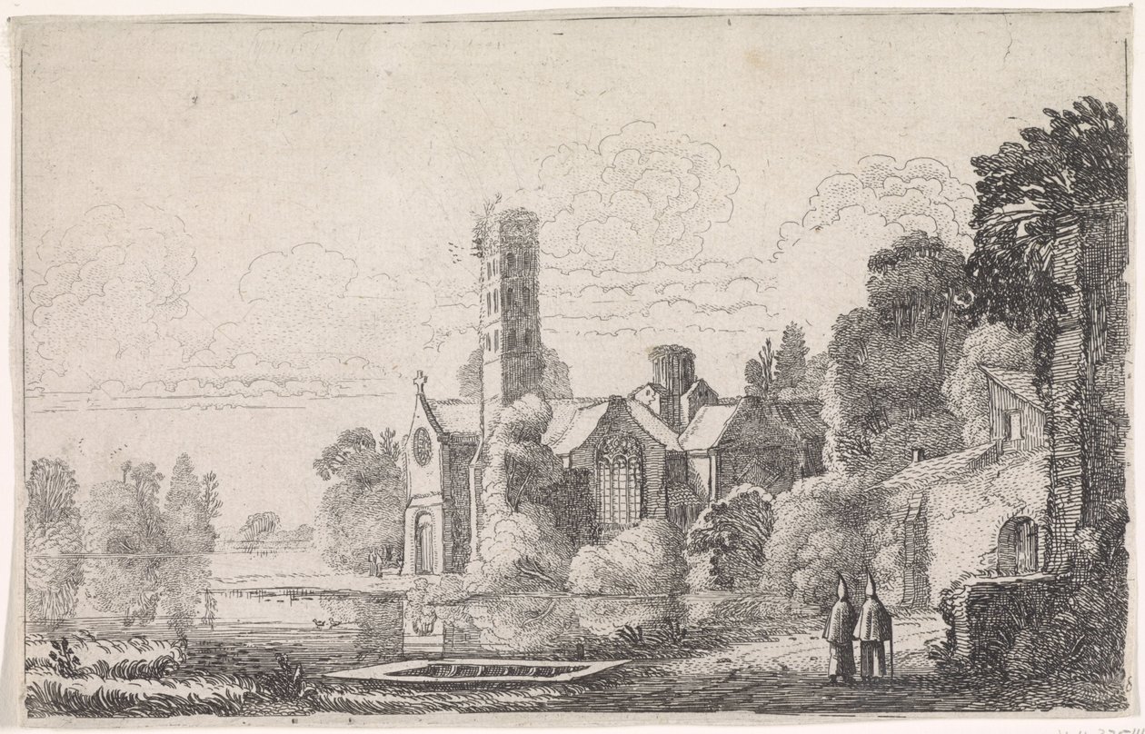 Dos monjes en una abadía en un paisaje fluvial Paisajes fluviales (título de la serie) de Jan van de Velde (II)