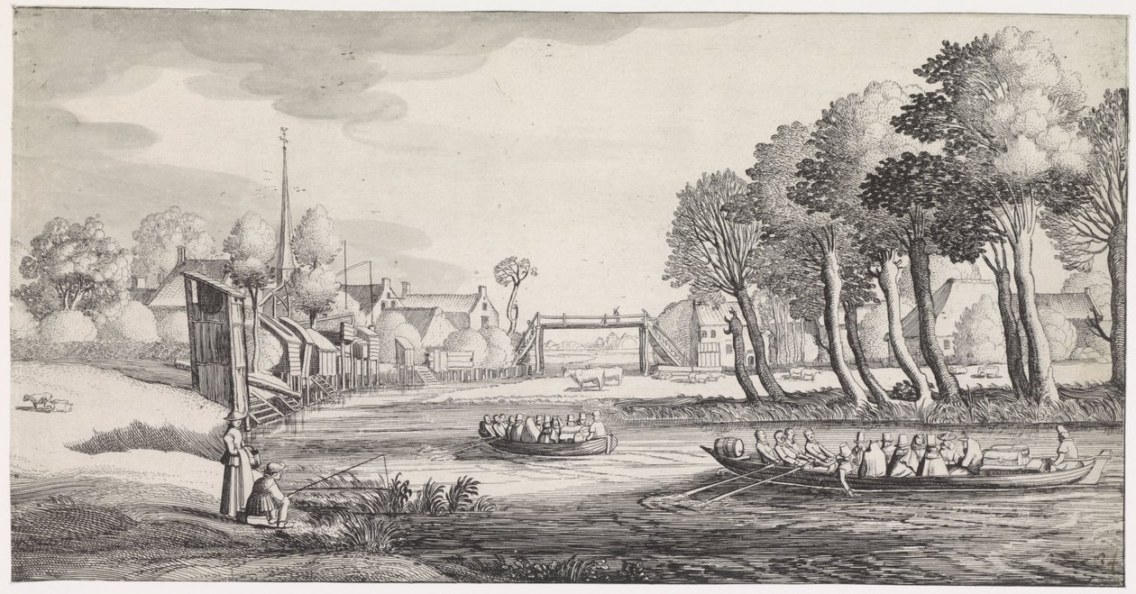 Dos botes de remos en un río cerca de un pueblo Playsante paisajes y caras divertidas (título de la serie) de Jan van de Velde (II)