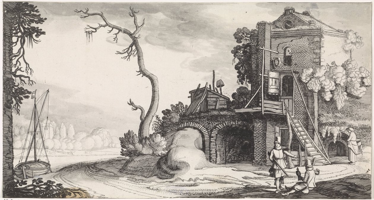 Dos cetreros cerca de una torre utilizada como posada Playsante paisajes y caras divertidas (título de la serie) de Jan van de Velde (II)