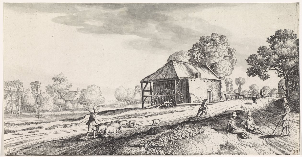 Bifurcación de camino en un molino de agua Playsante paisajes y caras divertidas (título de la serie) de Jan van de Velde (II)