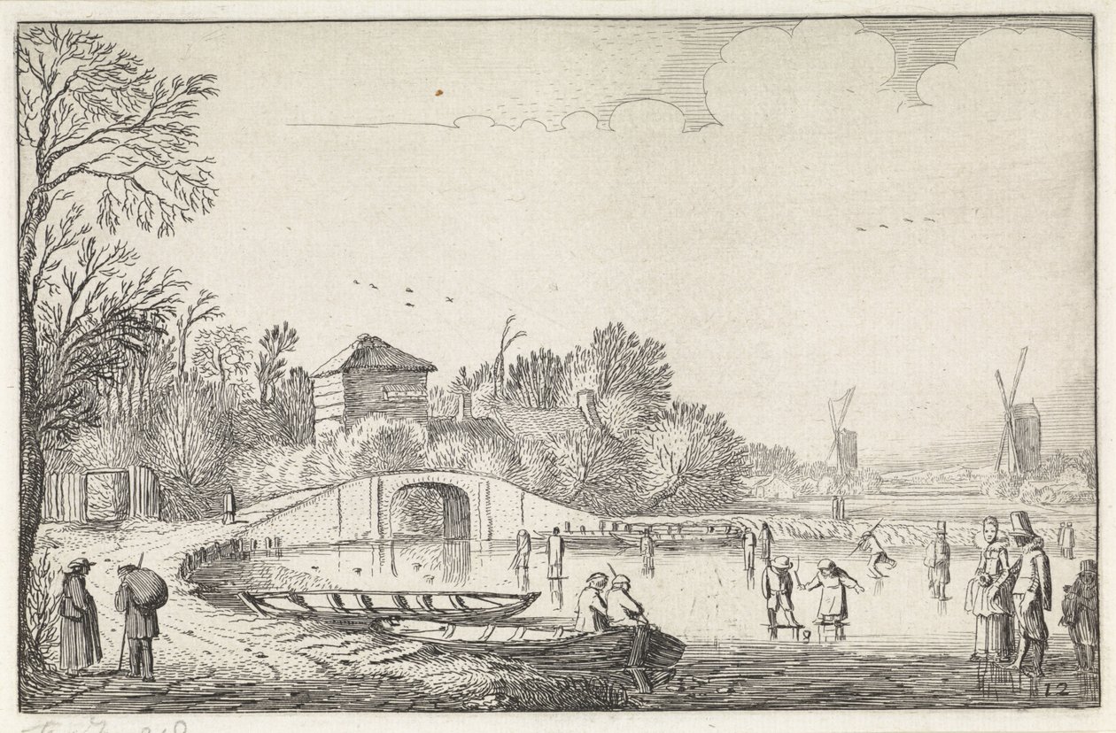 Paisaje invernal con patinadores en un puente. Paisajes (título de la serie) Amenissimae aliquot requculae (título de la serie) de Jan van de Velde (II)