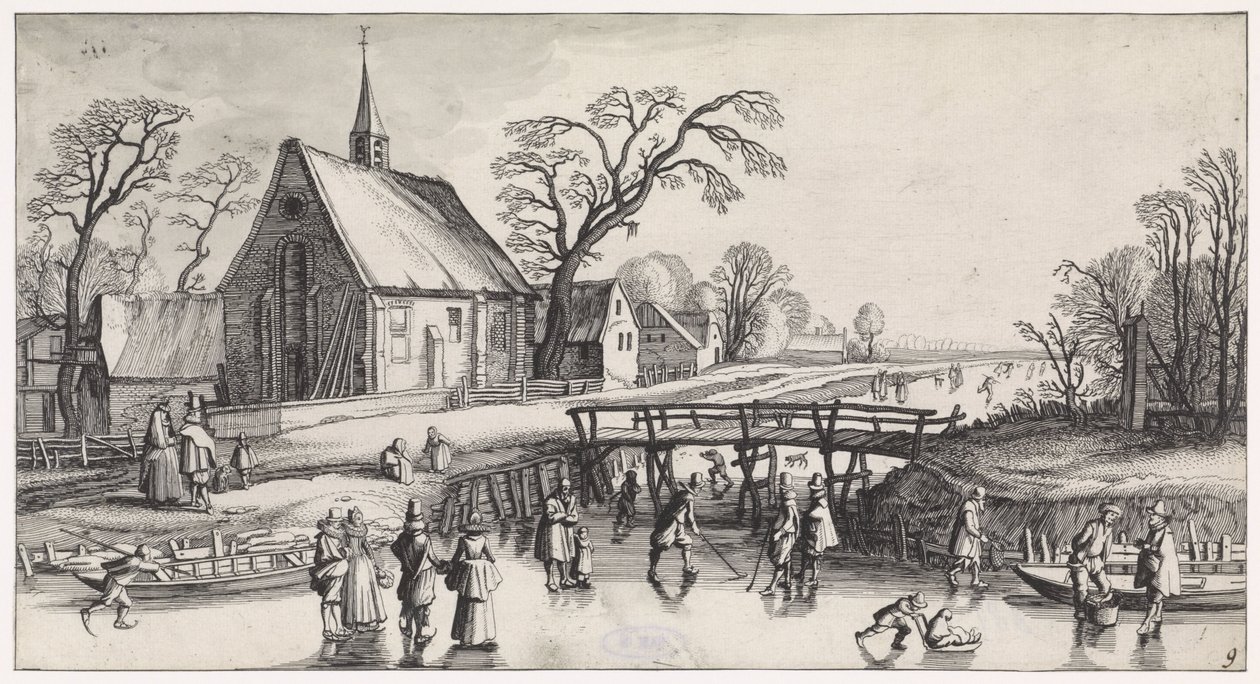 Paisaje invernal con patinadores cerca de un pueblo. Playsante paisajes y caras divertidas (título de la serie) de Jan van de Velde (II)