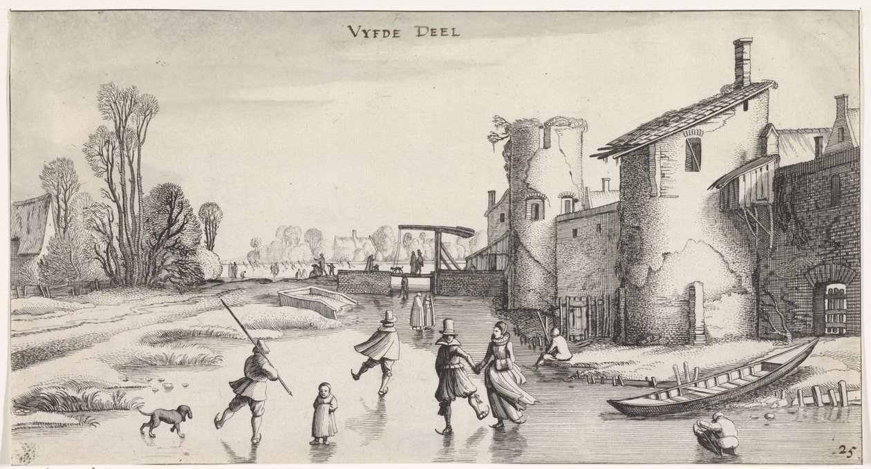 Paisaje invernal con patinadores junto a una muralla de la ciudad. Paisajes agradables y vistas divertidas (título de la serie) de Jan van de Velde (II)