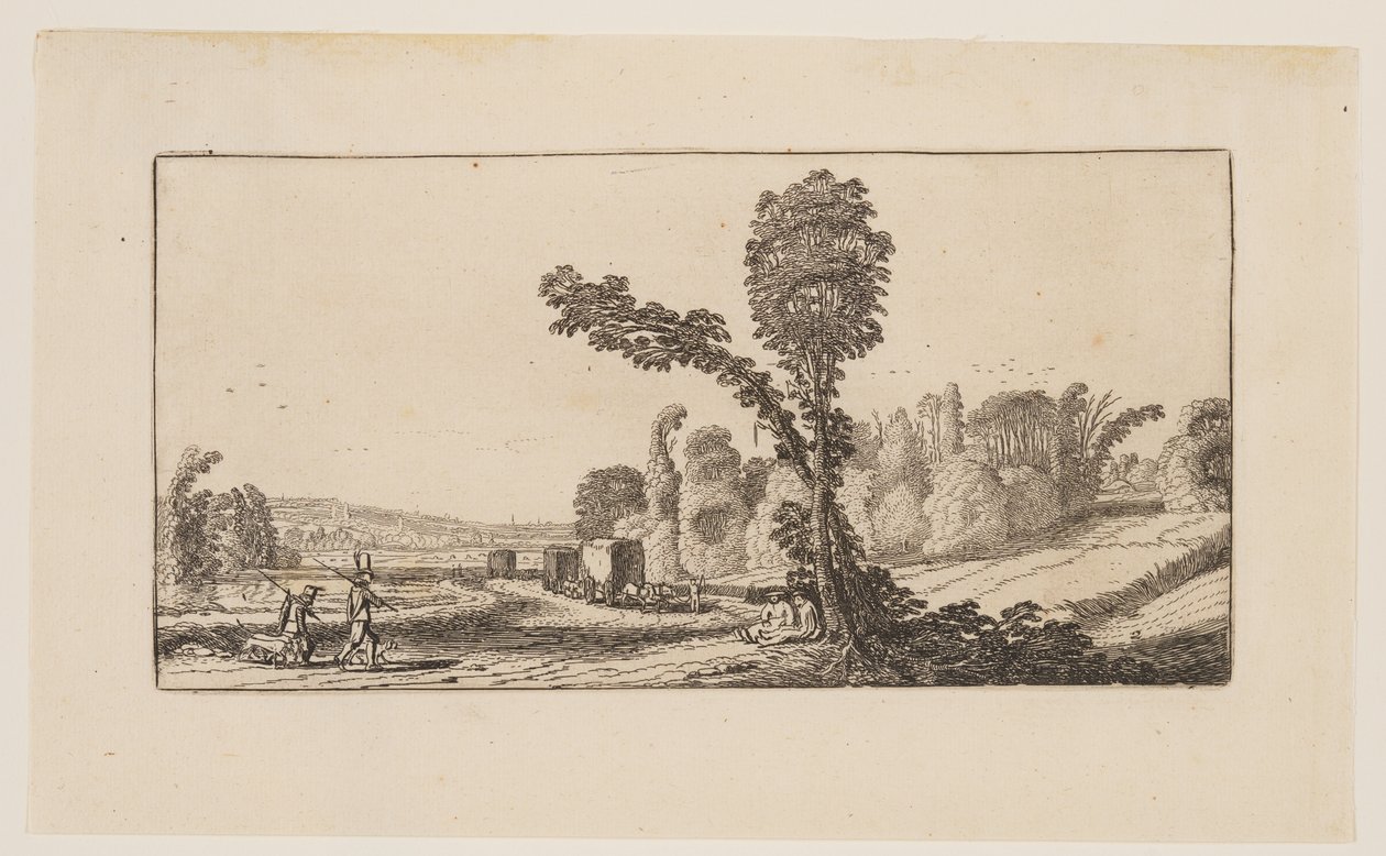 Paisaje con cazadores y carros de heno, de Seis paisajes de Jan van de Velde II