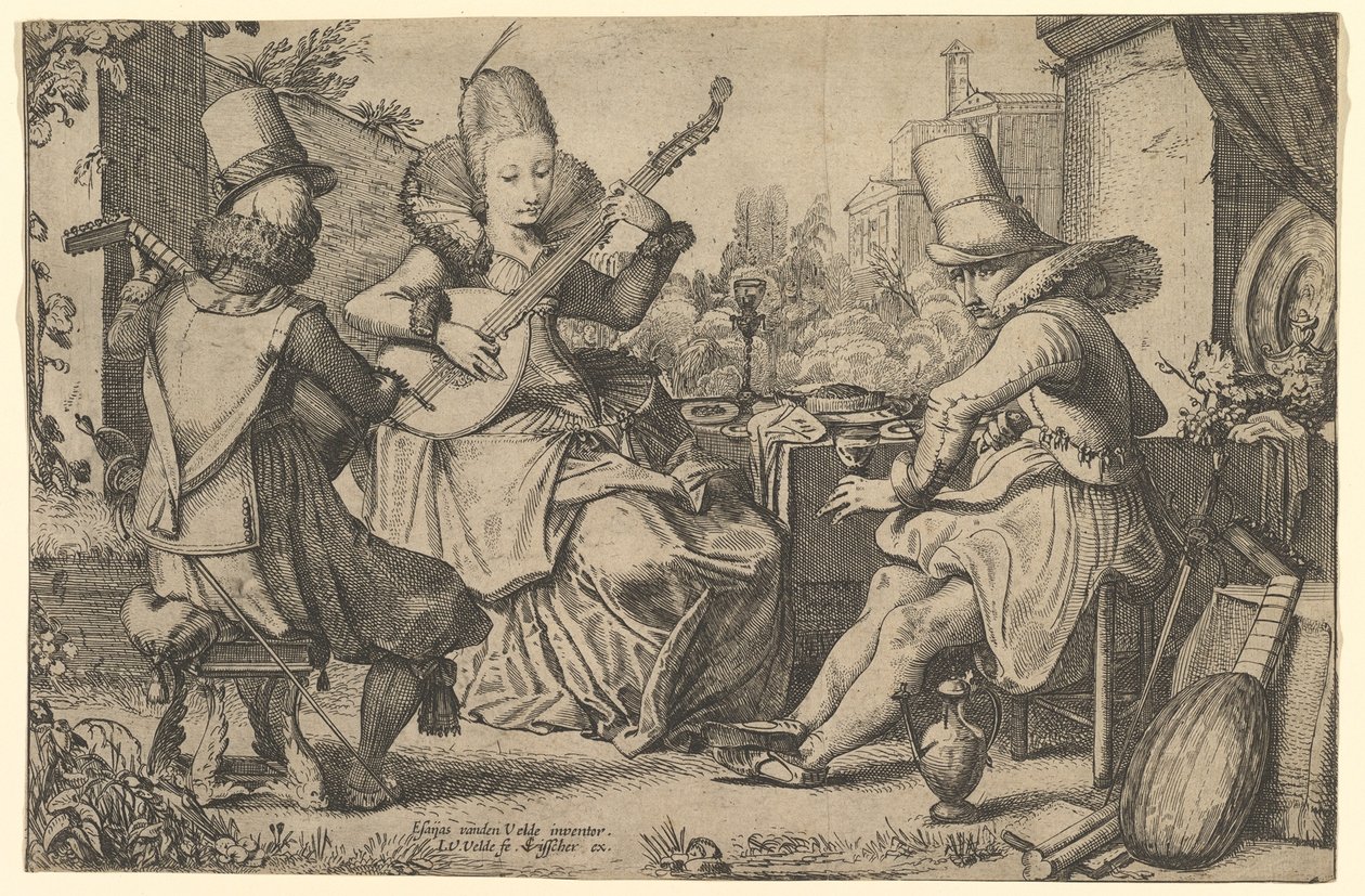 Dos hombres elegantemente vestidos y una mujer en un jardín, 1613-41 de Jan van de Velde II