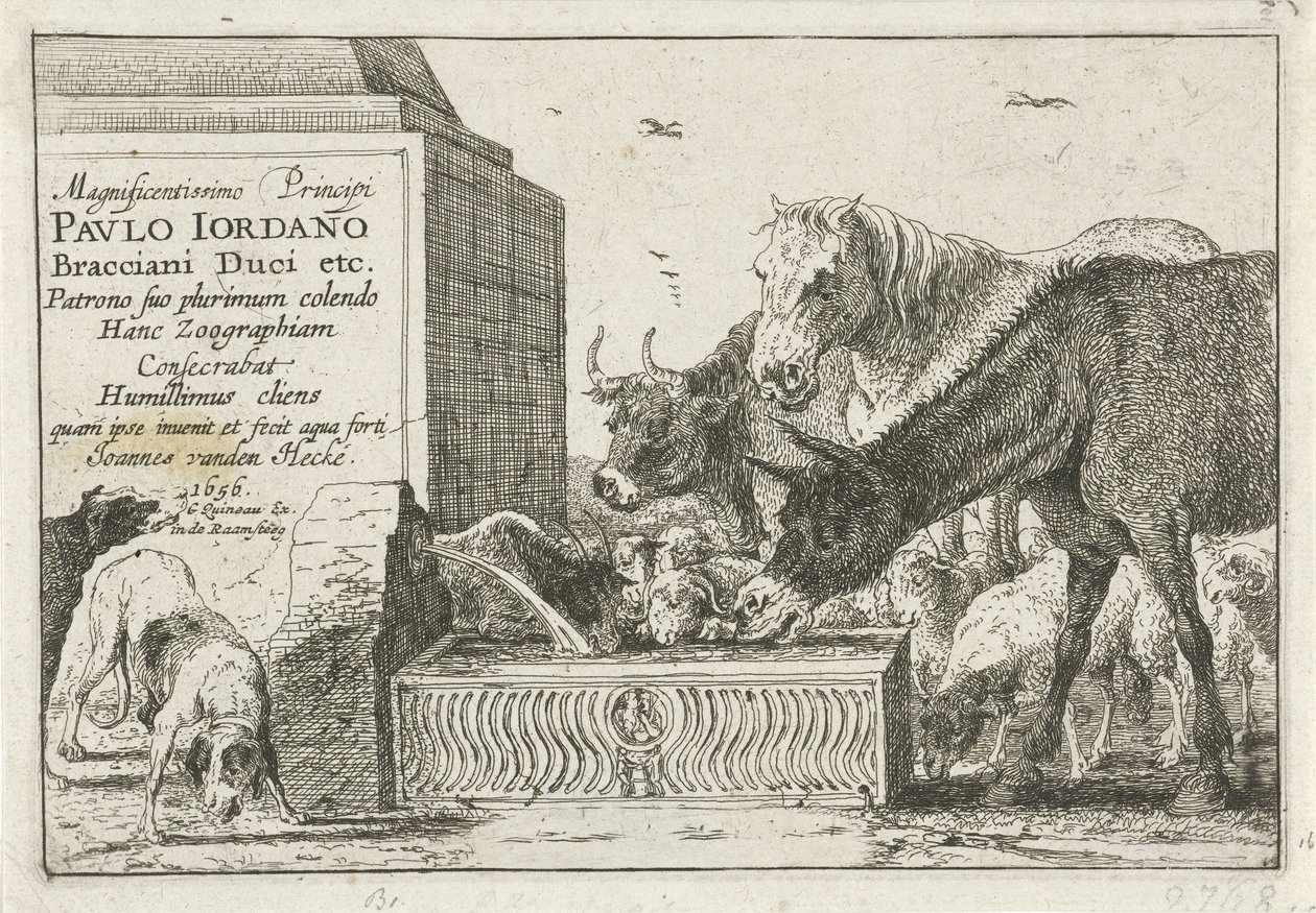 animales junto a una fuente Título impreso de una serie de grabados que representan animales. Animales (título de la serie) Zoographiam (título de la serie sobre el objeto) de Jan van den Hecke