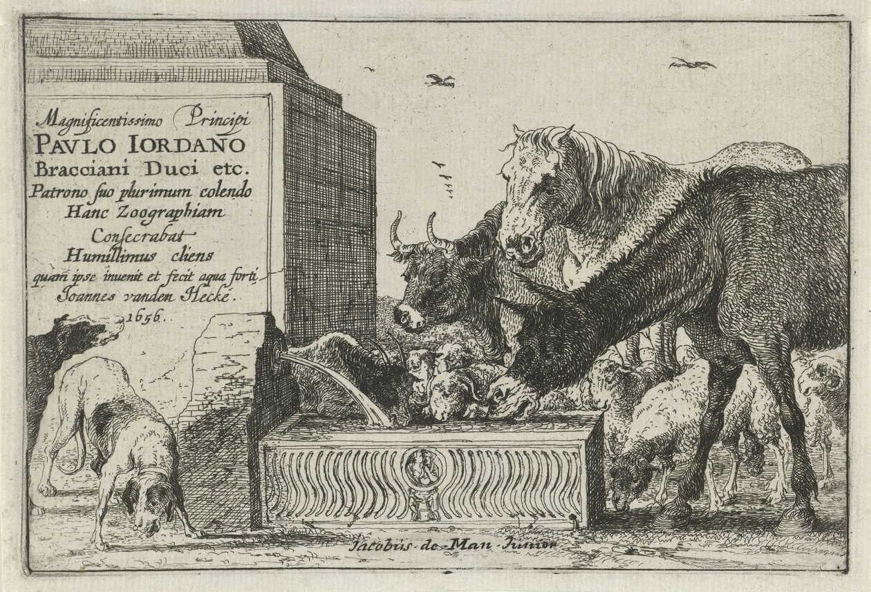 animales junto a una fuente Título impreso de una serie de grabados que representan animales. Animales (título de la serie) Zoographiam (título de la serie sobre el objeto) de Jan van den Hecke