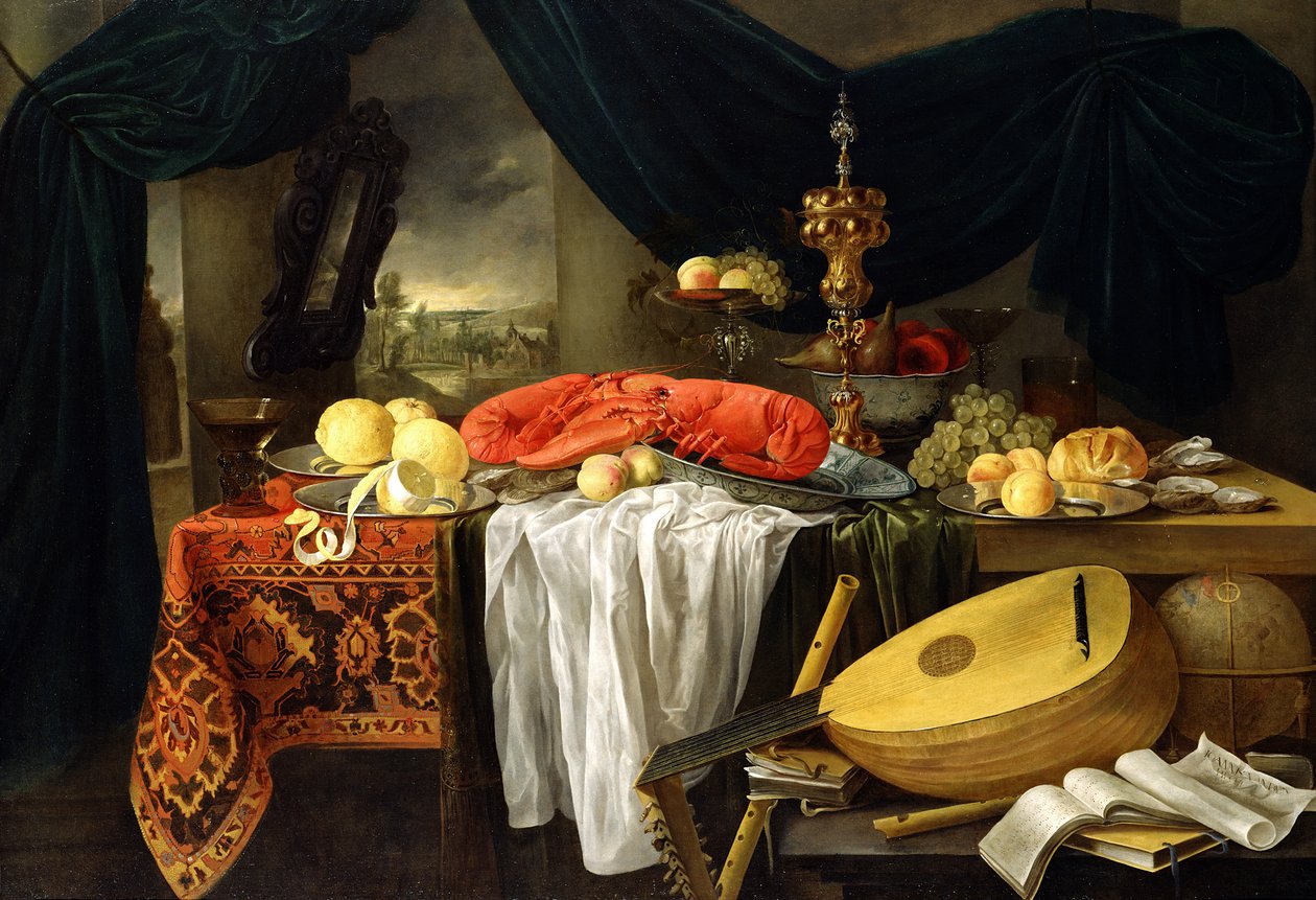 Naturaleza Muerta con una Langosta, Limones y un Laúd, 1645 de Jan van den Hecke