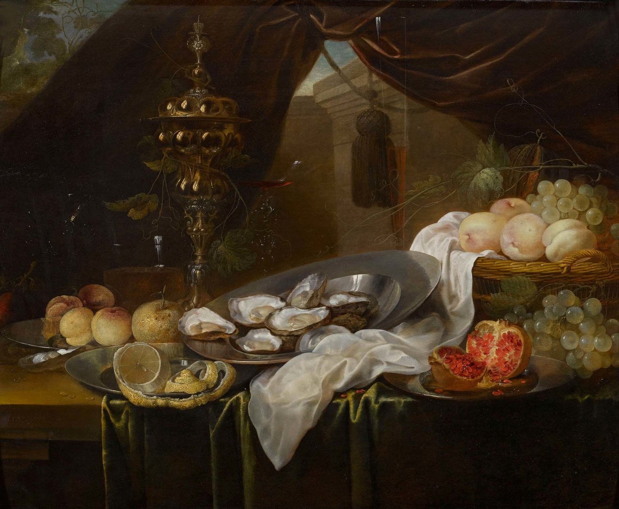 Bodegón con copa de oro, cristalería Façon de Venise, frutas y ostras de Jan van den Hecke