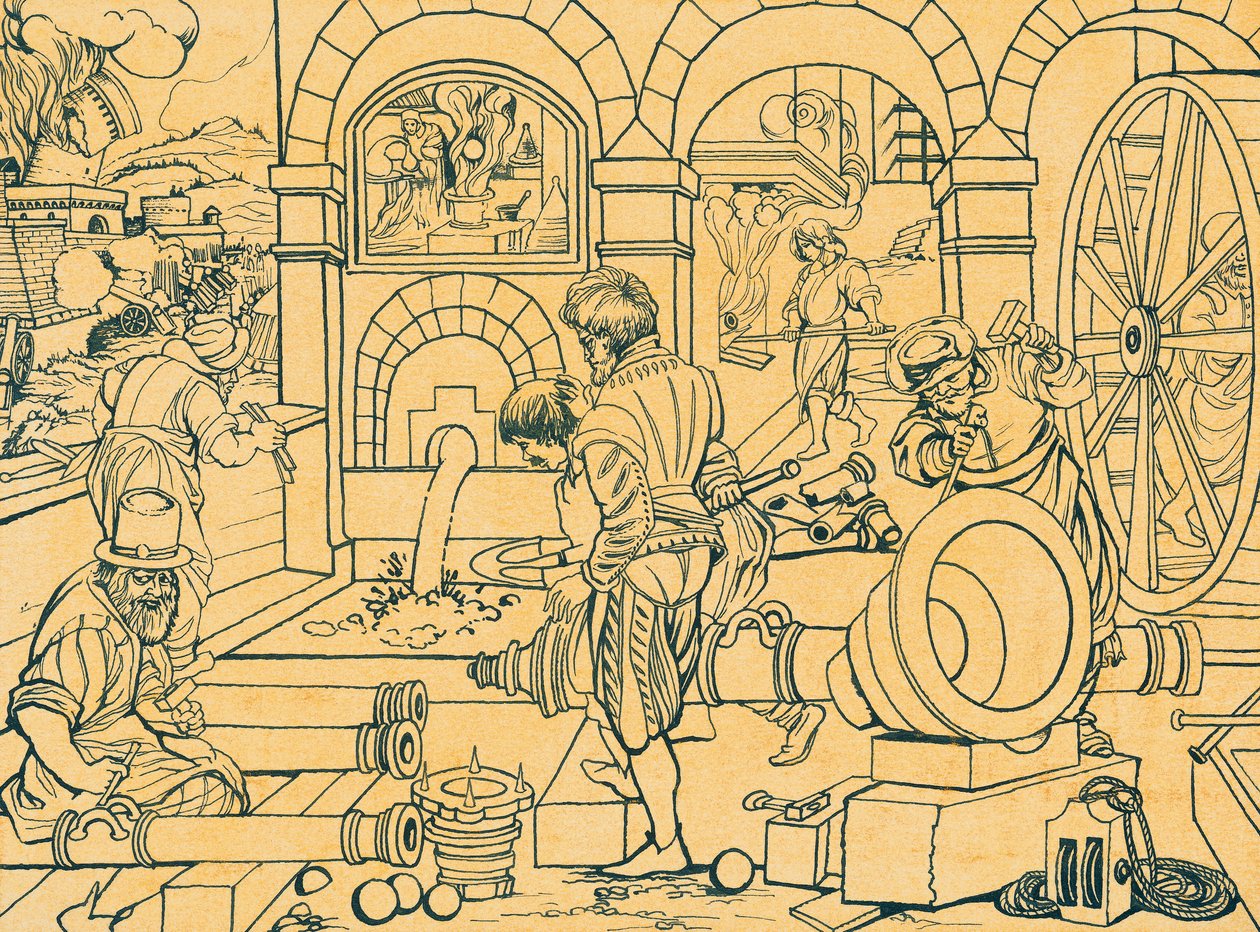 Fundición de cañones, dibujo de Nova Reperta de Jan van der (1523 1605) Straet