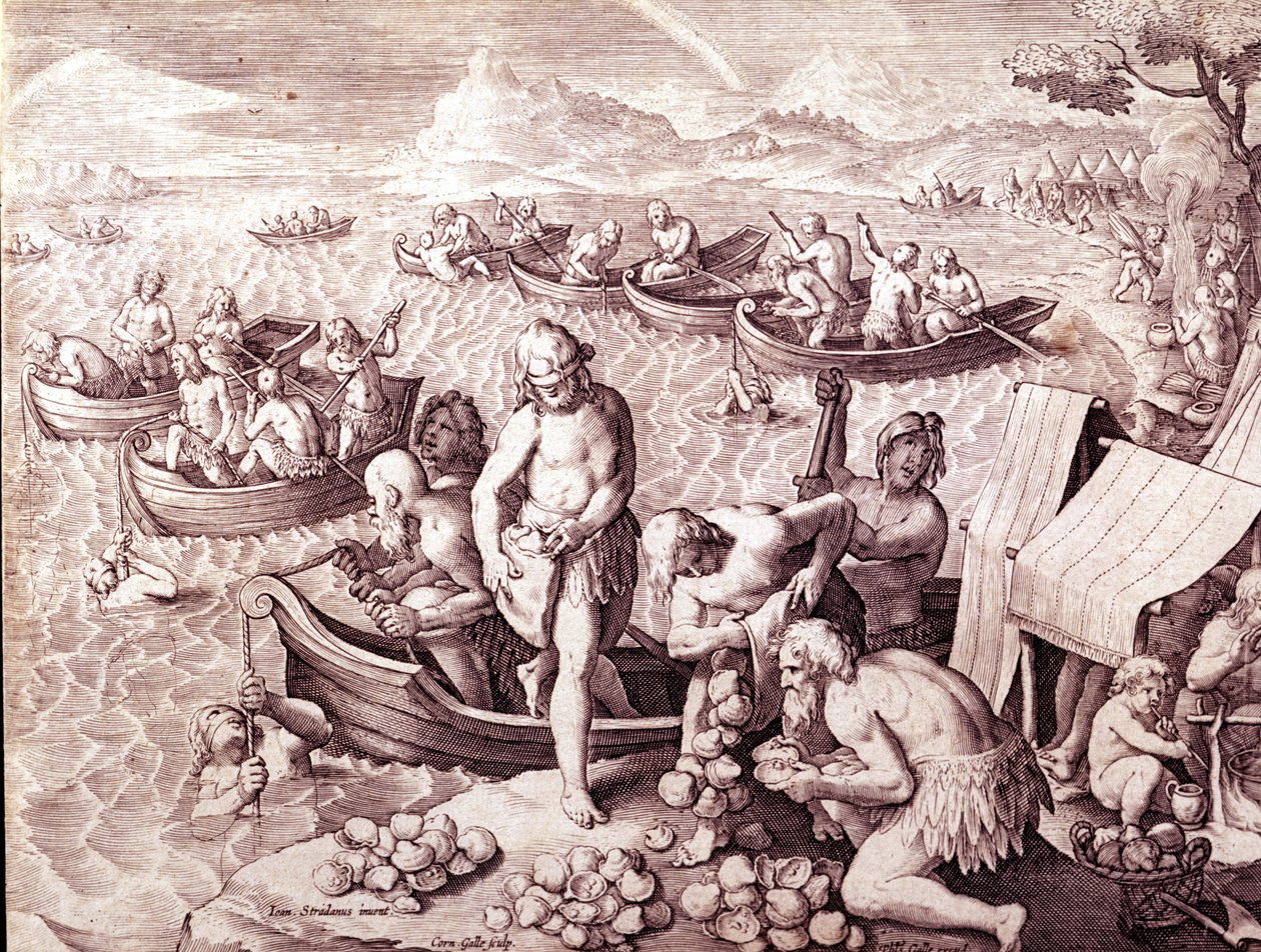 Pesca de ostras. Siglo XVII. Grabado por Giovanni Stradano (Jan Van Der Straet) (Johannes Stradanus) (1523-1605) de Jan van der Straet