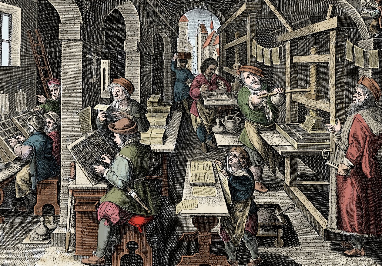 Imprenta, c1600 - Holanda, Impresión: a la izquierda los caracteres usan caracteres, las diferentes etapas de la preparación de la impresión supervisadas por un maestro impresor - Grabado de 