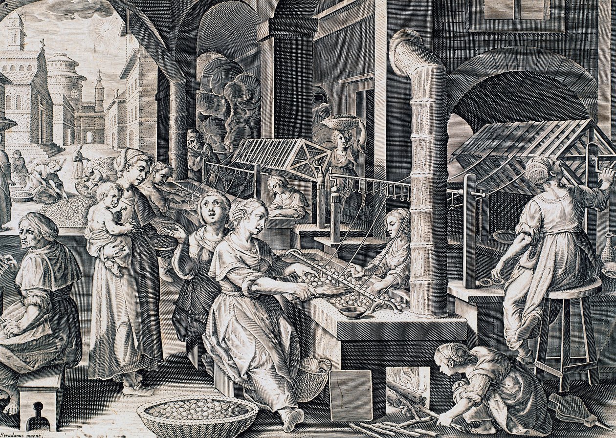 Vermis sericus, mujeres hilando seda y calentando gusanos de seda al fuego (grabado) de Jan van der Straet