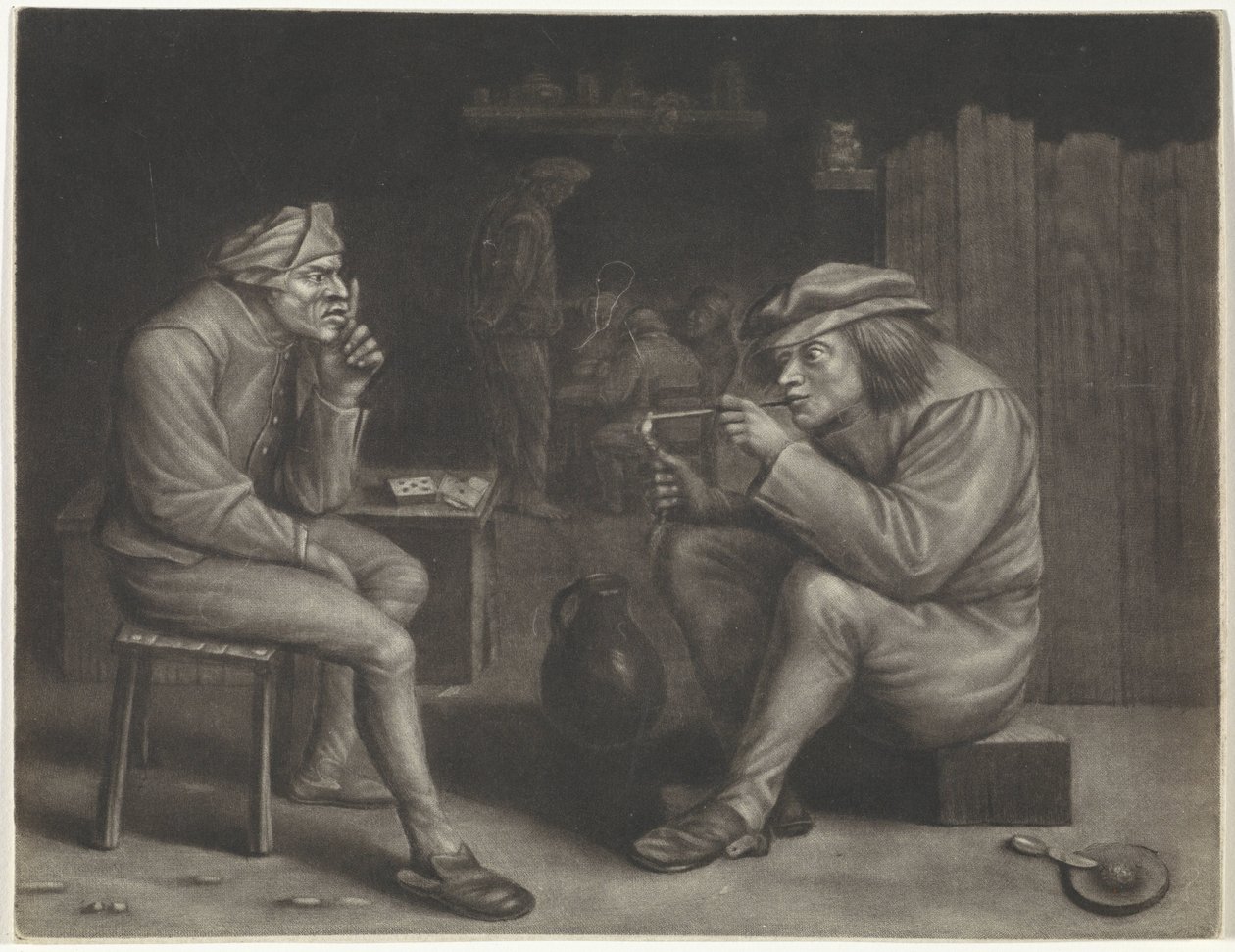 Escena de pub con hombre encendiendo una pipa de Jan van der Bruggen
