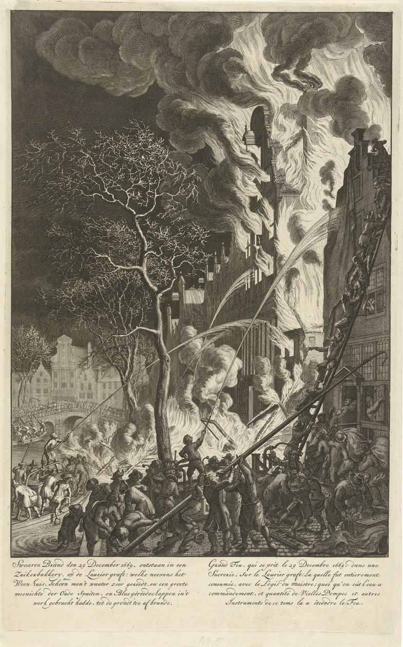 Incendio en el Lauriergracht en Amsterdam, 1669 Fuerte incendio el 29 de diciembre de 1669. originado en una panadería de azúcar, en el injerto de Laurier (...) / Grand feu, qui se prit le 29 decembre 1669. dans une sucrerie, sur le Laurier injerto (...) ( de Jan van der Heyden (attributed to)