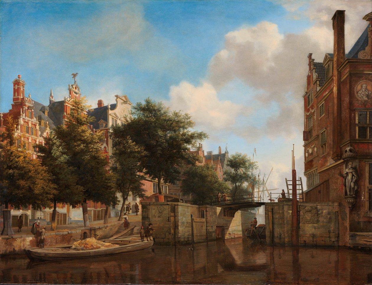 Vista de la ciudad de Ámsterdam con casas en el Herengracht y el antiguo Haarlemmersluis
El Nieuwe Zijds Voorburgwal con el Oude Haarlemmersluis, Ámsterdam (con libertades topográficas) de Jan van der Heyden