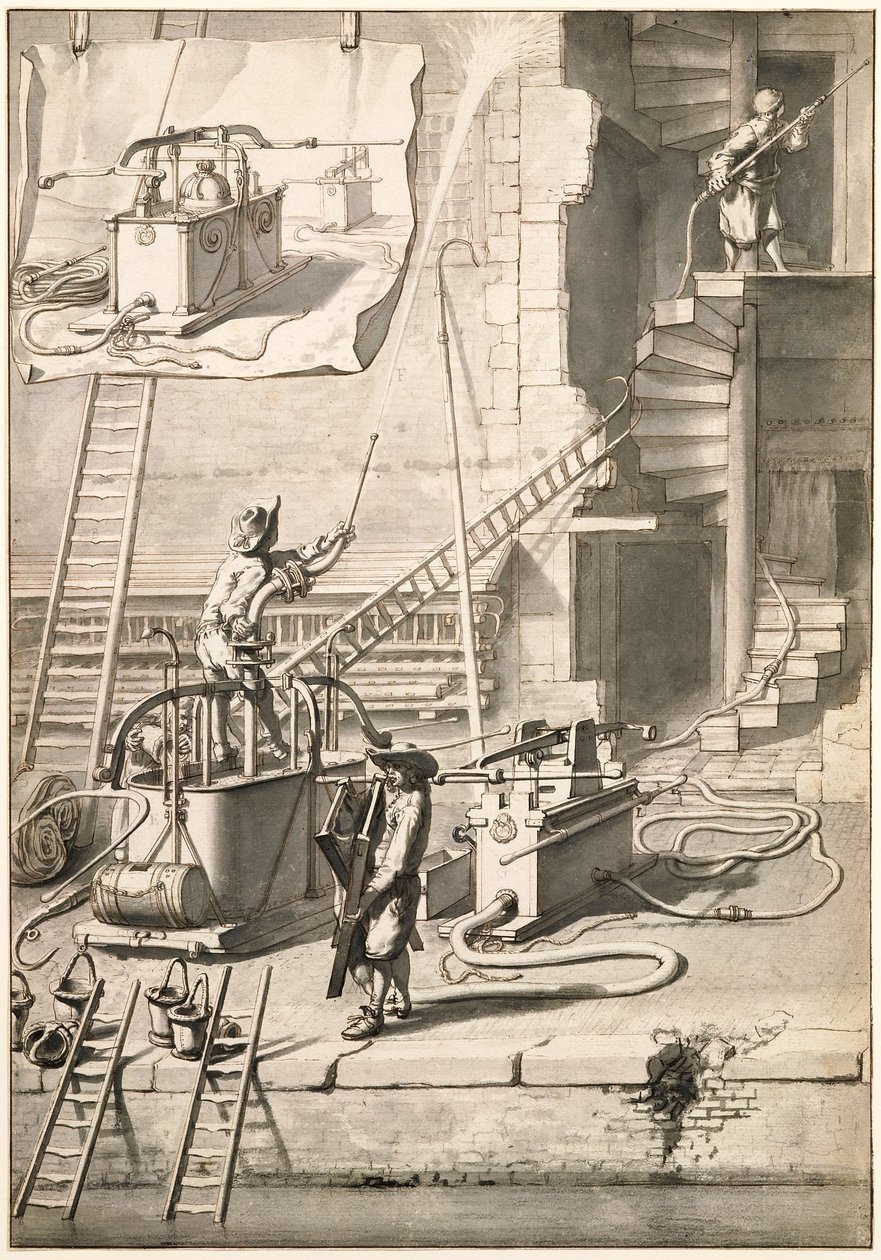 Comparación de los antiguos camiones de bomberos con el camión de bomberos serpiente de Van der Heyden de Jan van der Heyden