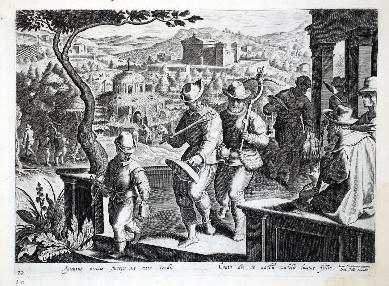 Cazadores de pájaros saliendo a atrapar mirlos, ilustración de 