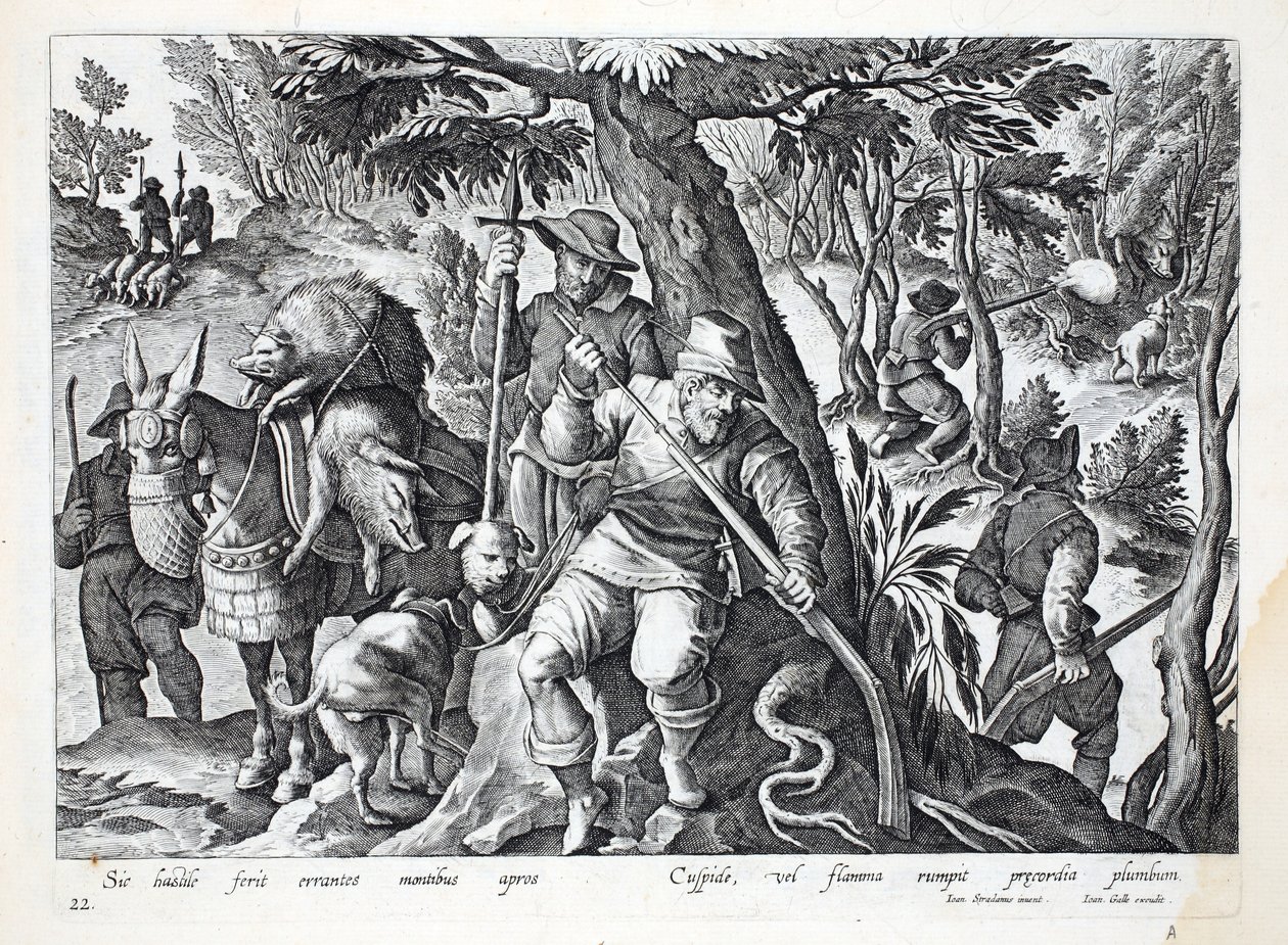Los cazadores usan lanzas o armas cargadas con plomo para cazar jabalíes de montaña, ilustración de 
