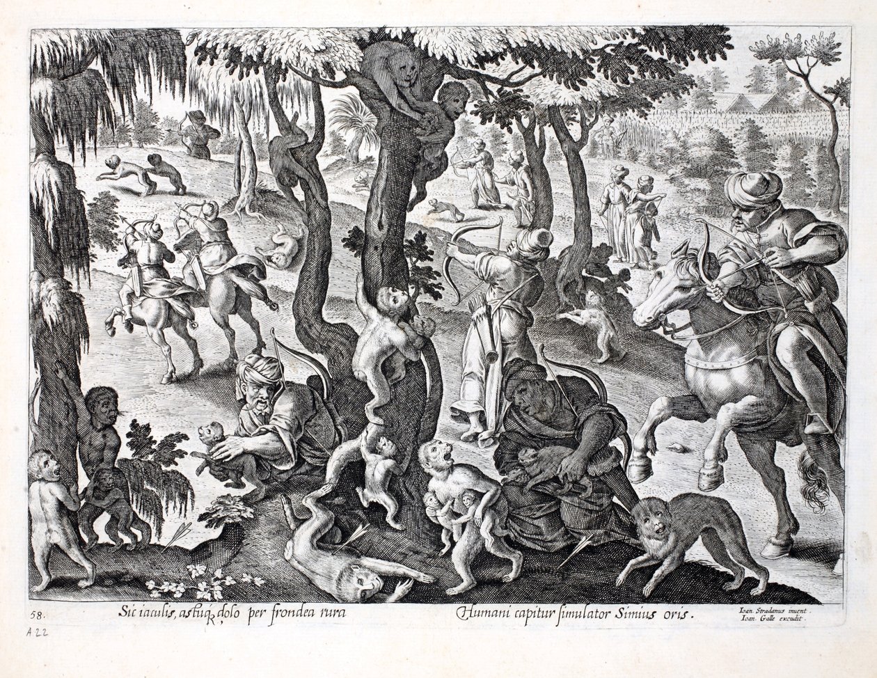 Caza de monos en el campo, ilustración de 