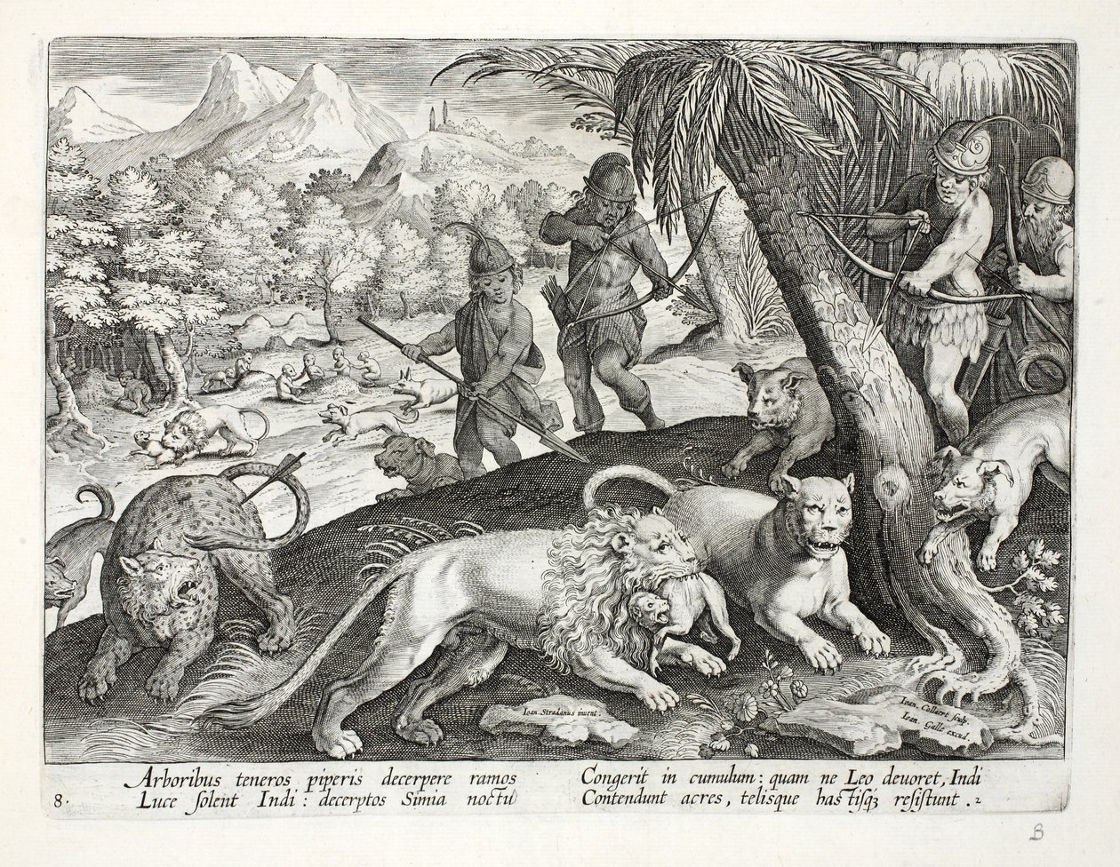 Indios disparan flechas a leones que han capturado monos en sus bocas, ilustración de 