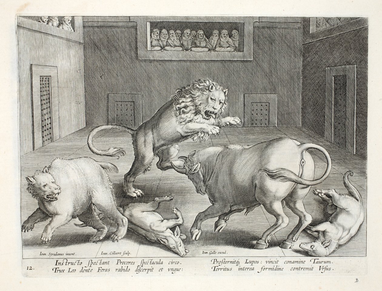 Nobles observan el combate de bestias salvajes en un circo interior, ilustración de 