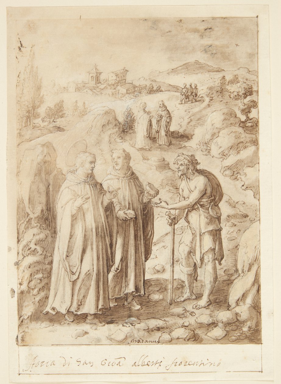 Historia de San Giovanni Alberti Fiorentino. El santo y el monje acompañante dan su último pan a un mendigo de Jan van der Straet