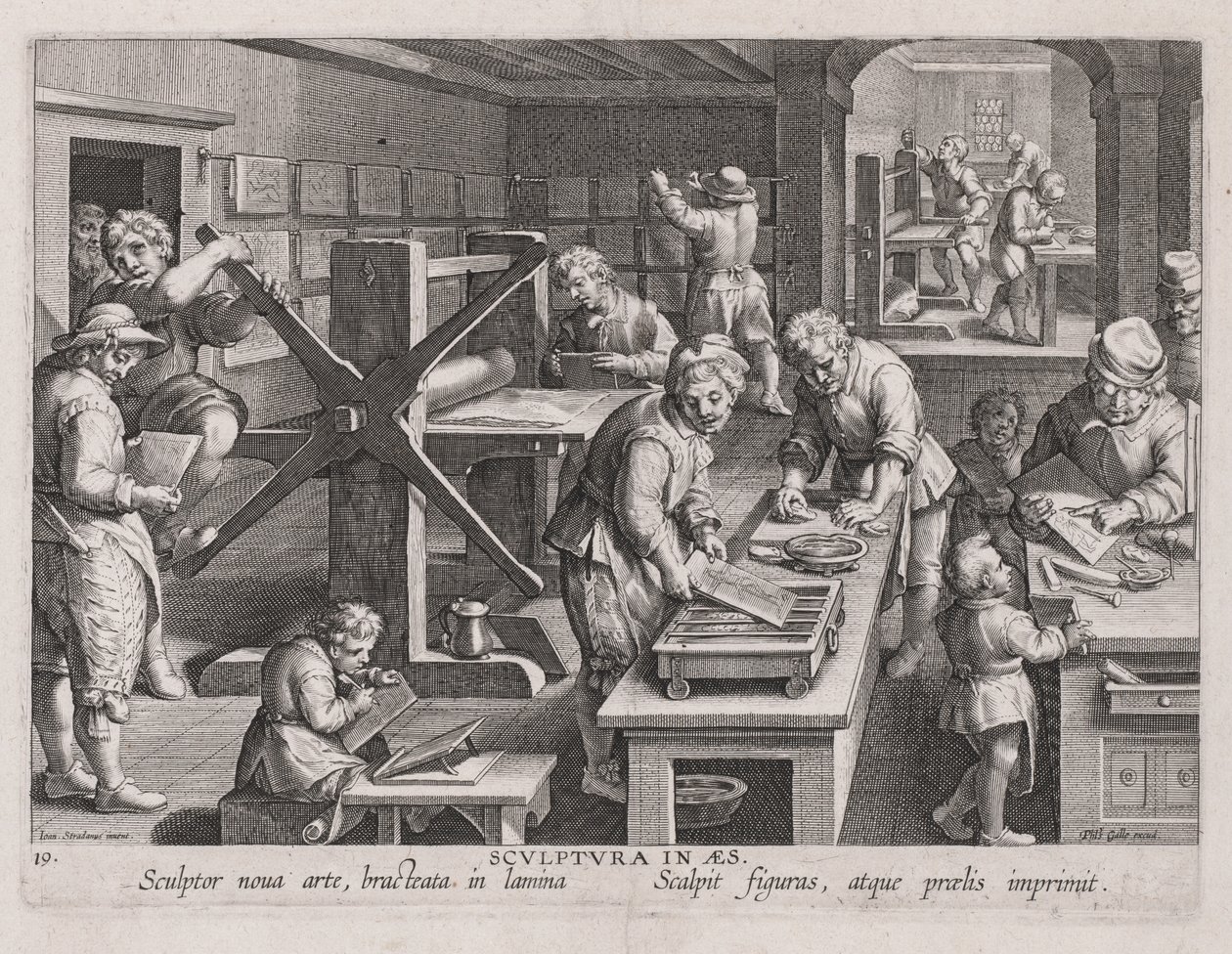 Escultura en Aes, el taller de una grabadora. de Jan van der Straet, called Johannes Stradanus