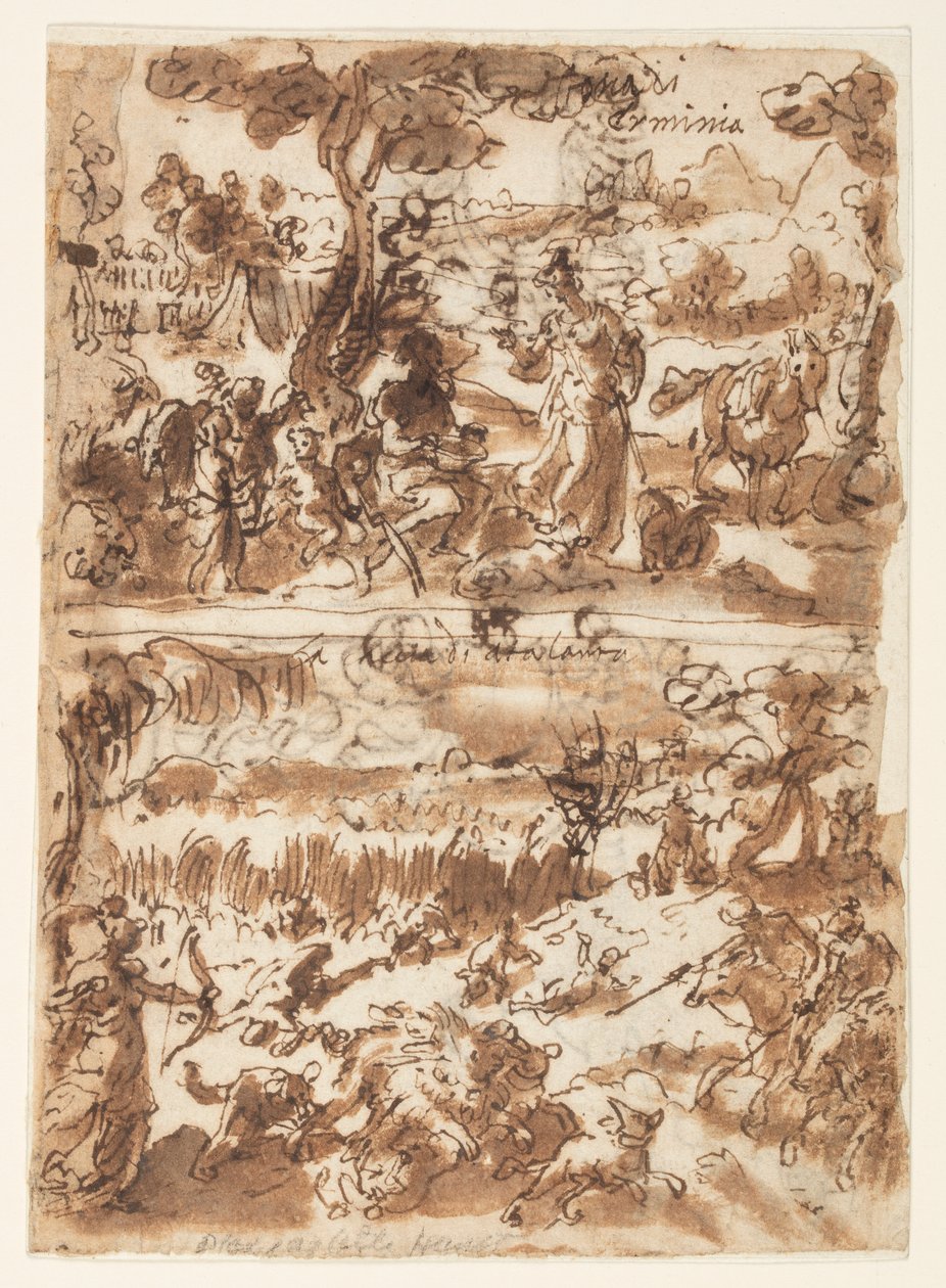 Arriba: Erminia y el pastor; Abajo: Atalanta cazando el jabalí de Calidón de Jan van der Straet, called Stradanus