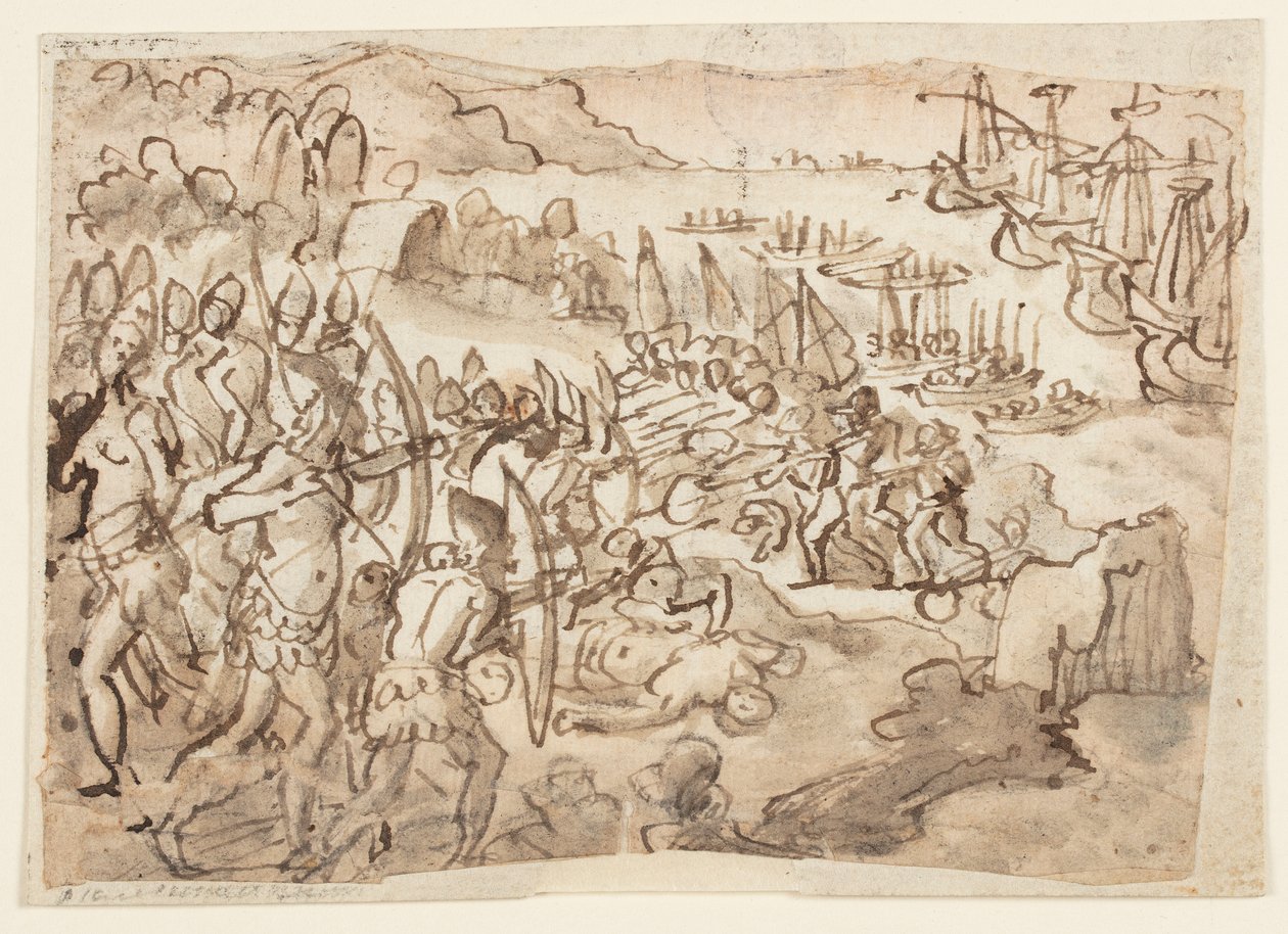 Conquista de las Islas Filipinas, diseño preliminar para pintura grisalla realizada por el hijo de Stradanus, Scipione, para las exequias en memoria de Felipe II de España, celebradas en San Lorenzo en Florencia el 12 de noviembre de 1598 de Jan van der Straet, called Stradanus