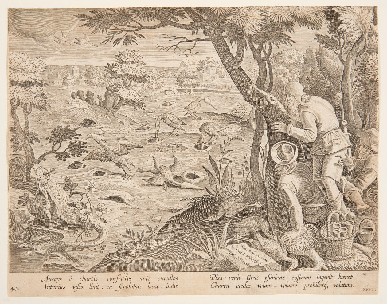 Caza de grullas usando conos, lámina 28 en la serie Venationes Ferarum, Avium, Piscium de Jan van der Straet, called Stradanus