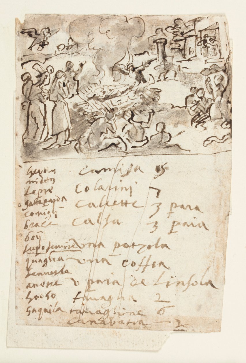 Muerte de la mujer de Sestos, de la Historia Natural de Plinio, Libro 10, cap. 6; abajo: inscripción que enumera animales presentados en una serie de imágenes de caza, y lista de prendas de vestir de Jan van der Straet, called Stradanus