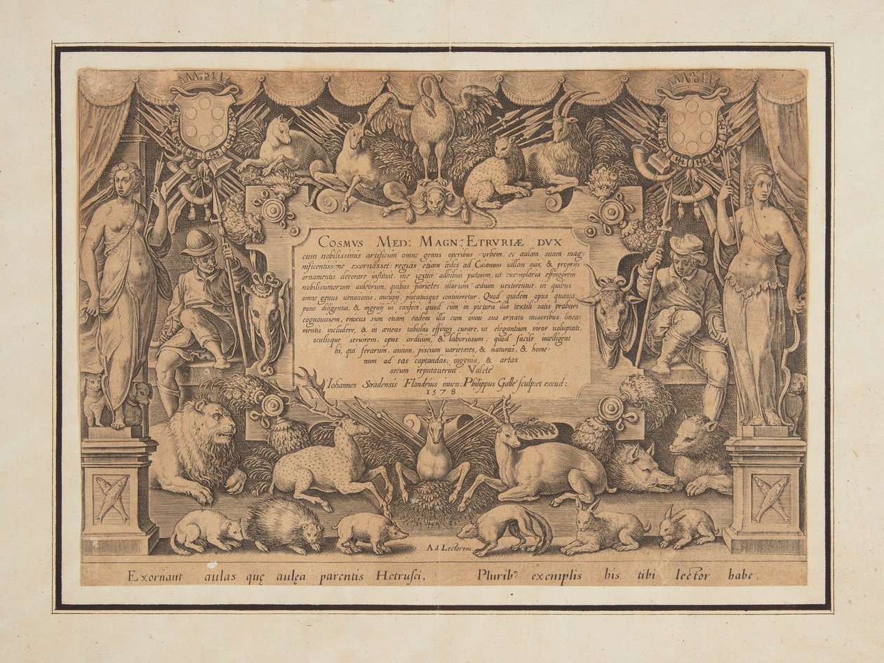 Página dedicatoria del conjunto "Mediceae familiae rerum feliciter gestarum Victoria et triumphi" de Jan van der Straet, called Stradanus