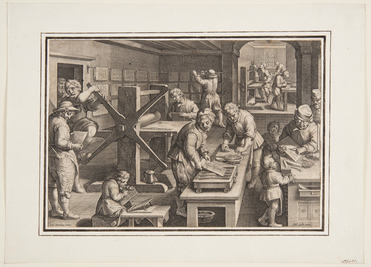 Grabado en metal; Grabadores en un barco de Jan van der Straet, called Stradanus