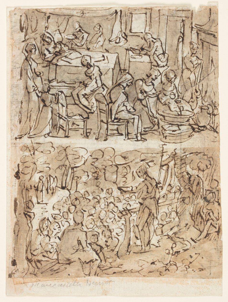 Cuatro escenas de la vida de San Juan Bautista, diseños preliminares para una serie de grabados (recto y verso) de Jan van der Straet, called Stradanus