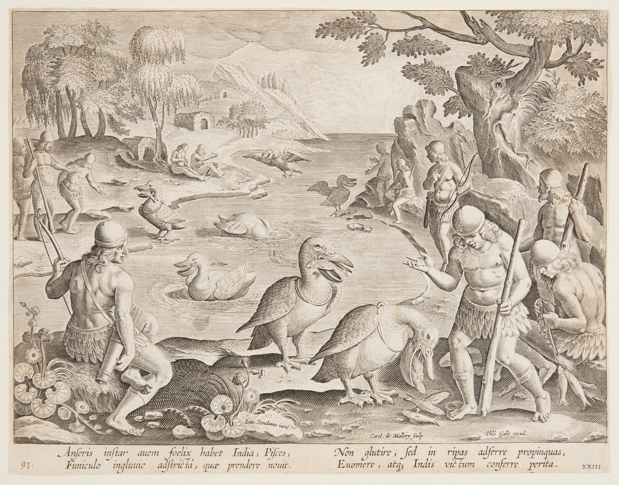 Indios pescando con la ayuda de pelícanos, lámina 23 de la serie Venationes Ferarum, Avium, Piscium de Jan van der Straet, called Stradanus